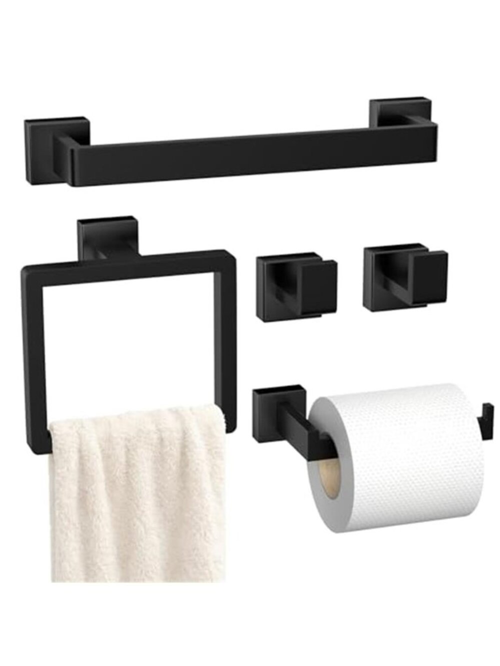 Bathroom Hardware Set 5 Pc Black Towel Bar Ring Hooks Toilet Paper Holder Steel